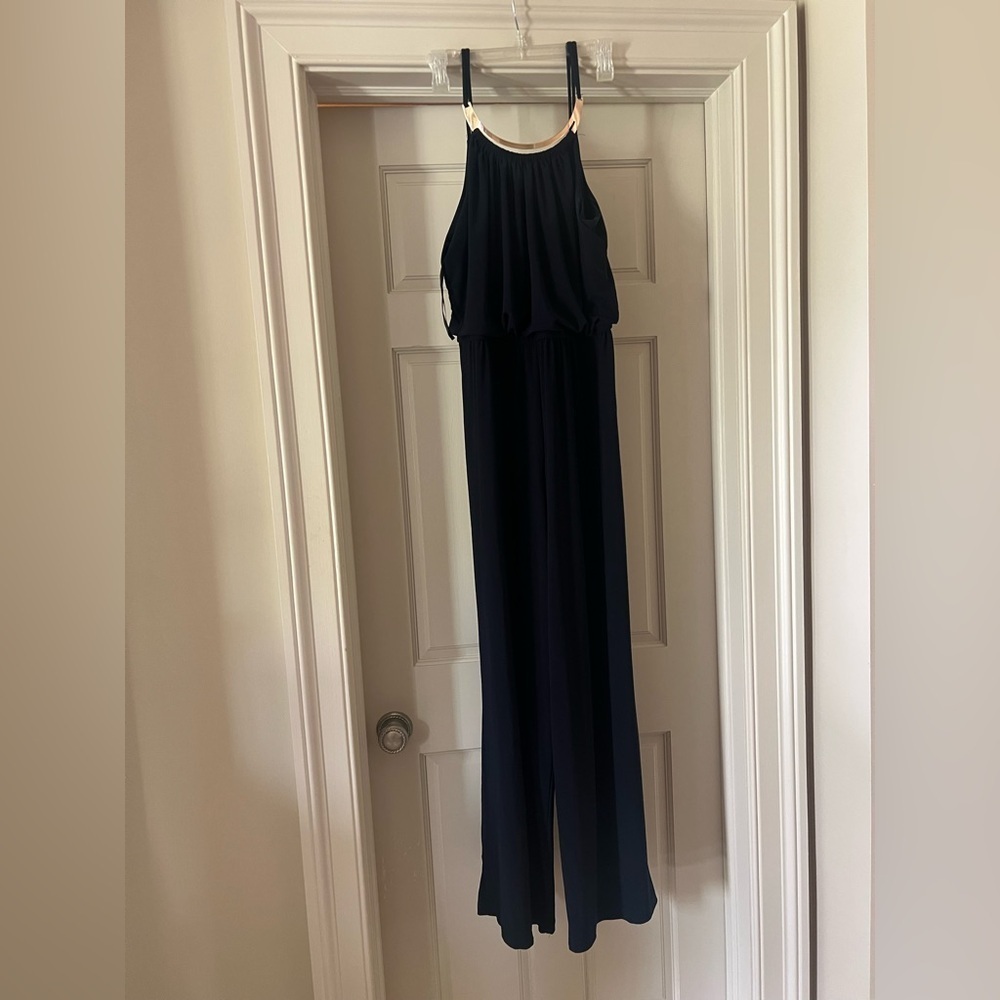 Emma and Michelle, navy sleeveless jumpsuit elastic waste, gold necklace, large - Picture 4 of 12